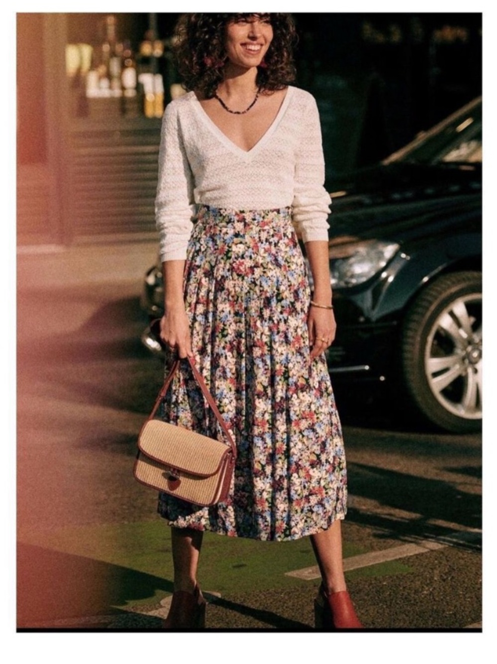 Sezane Pleated Floral Midi Skirt with Slit